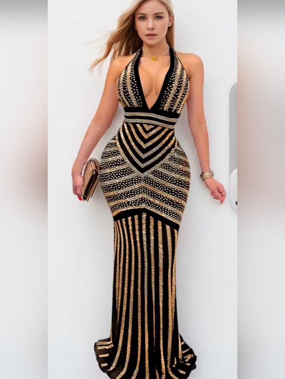 Black and Gold Deep V neck Healter Floor length beaded dress size XL.